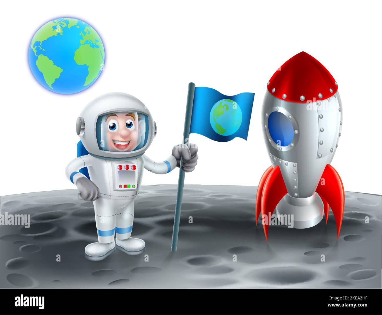 Cartoon Space Rocket Spaceship Moon and Astronaut Stock Vector