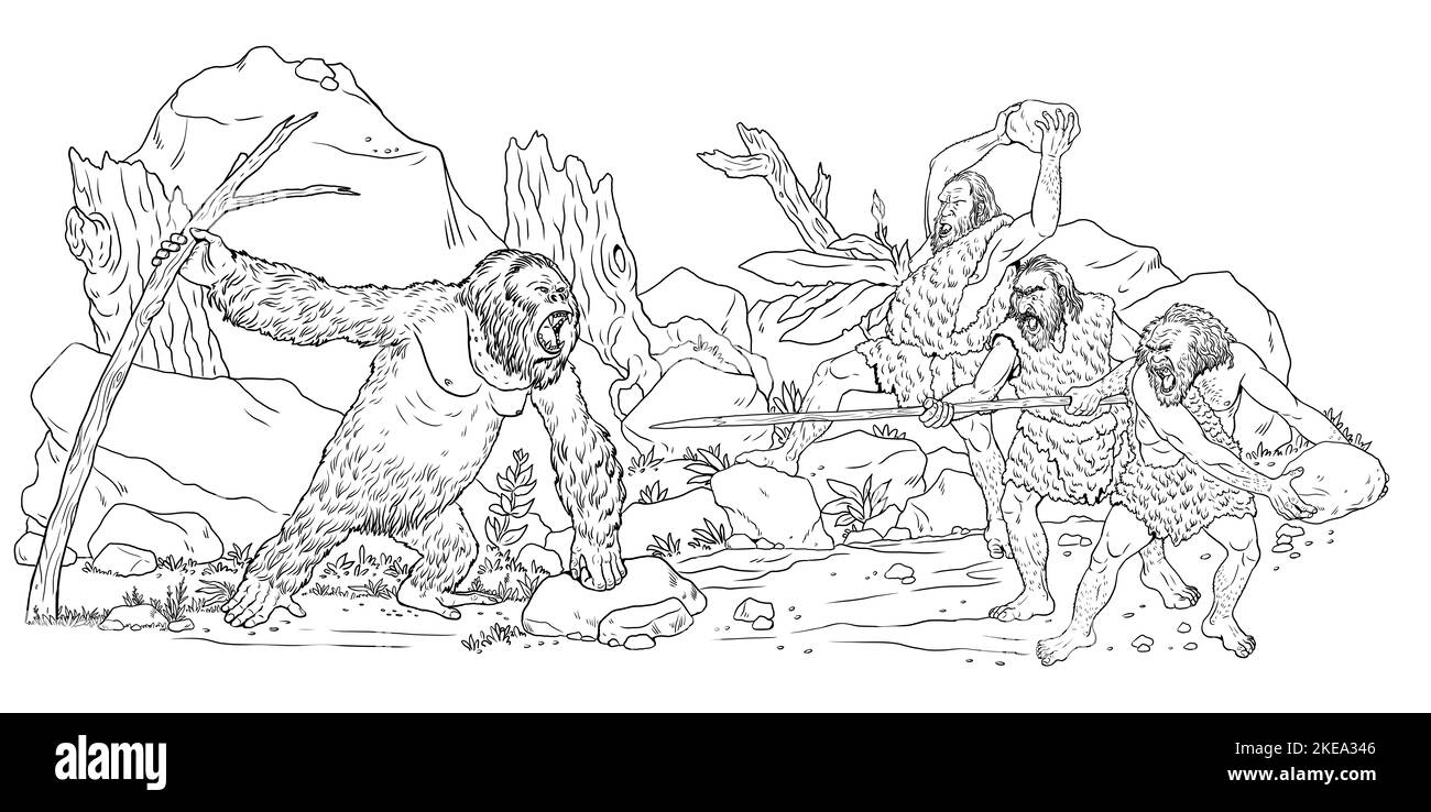 Prehistoric people fight with gigantic ape. Neanderthals vs primate gigantopithecus. Coloring template. Stock Photo