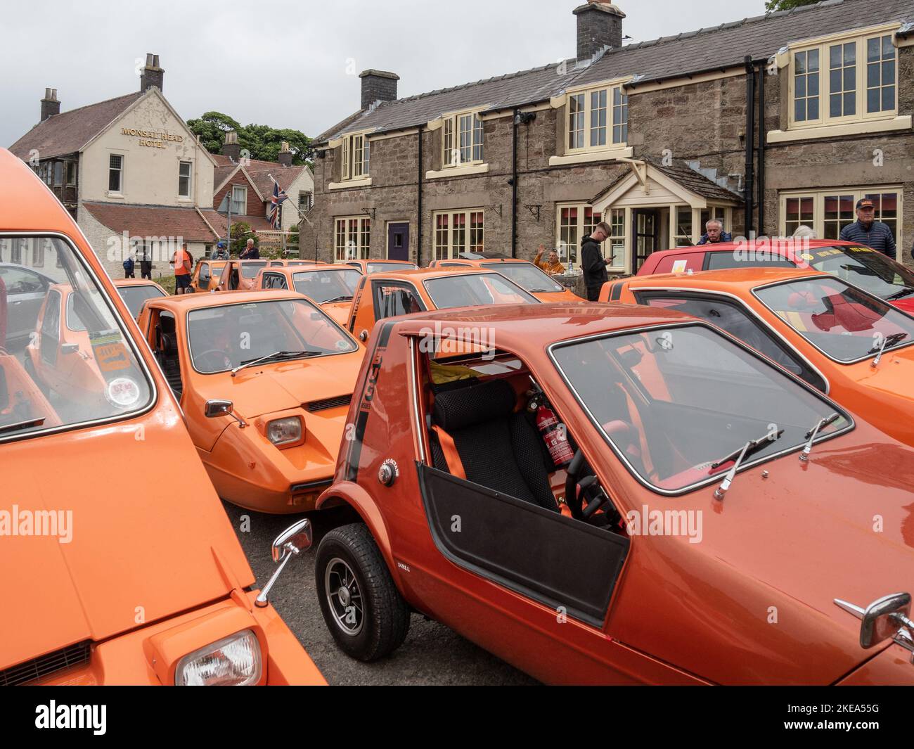 Bond Bug car meet at Monsal Head, Derbyshire, UK; car is a two seat, three wheeler built by Reliant in the 1970s Stock Photo