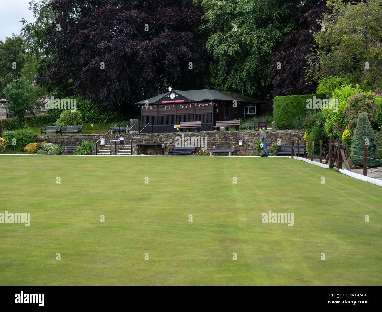 The crown green at Hathersage Bowling Club in the village of Hathersage, Derbyshire, UK Stock Photo