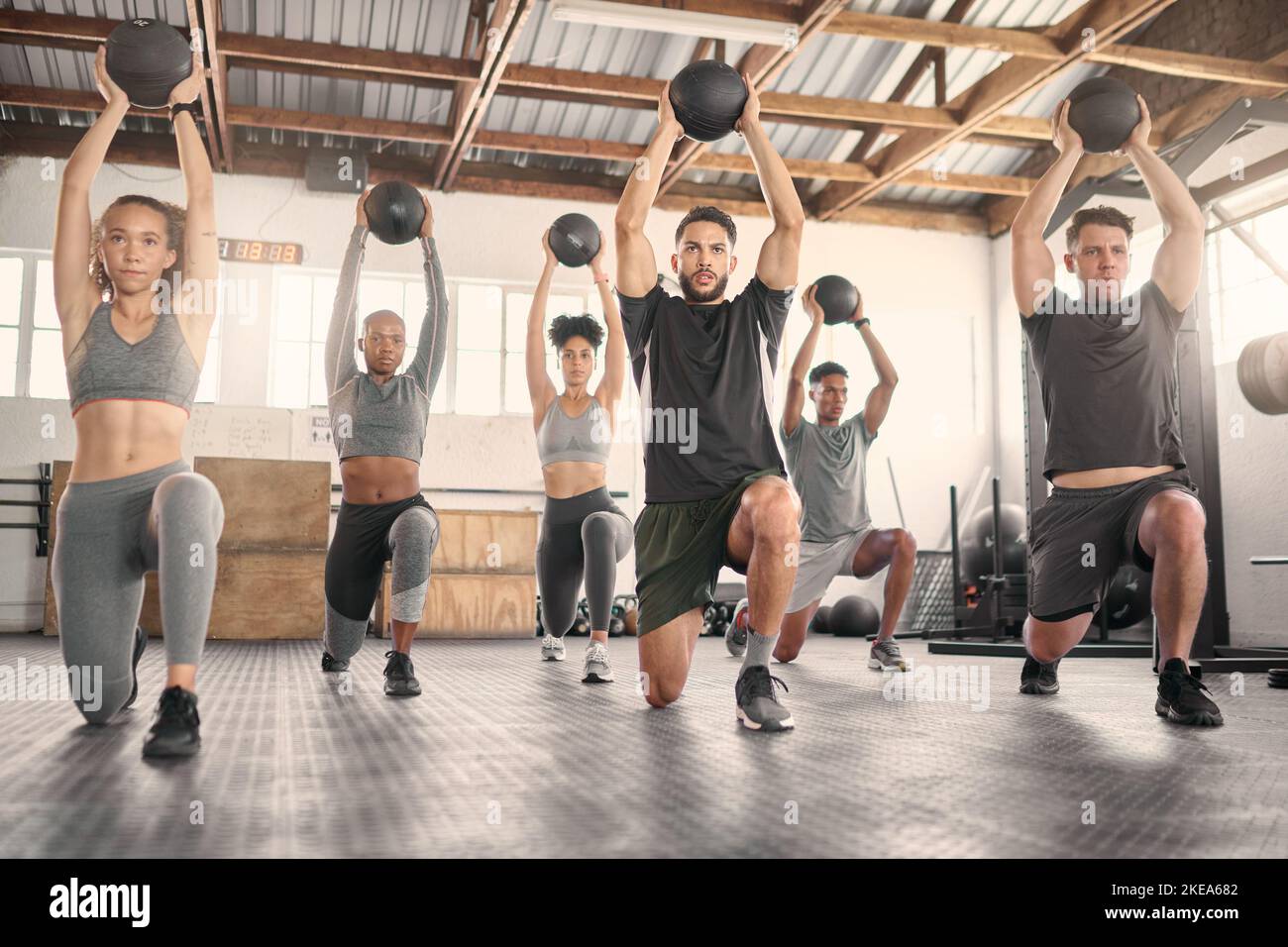 Fitness team, ball and exercise training with workout coach for healthy