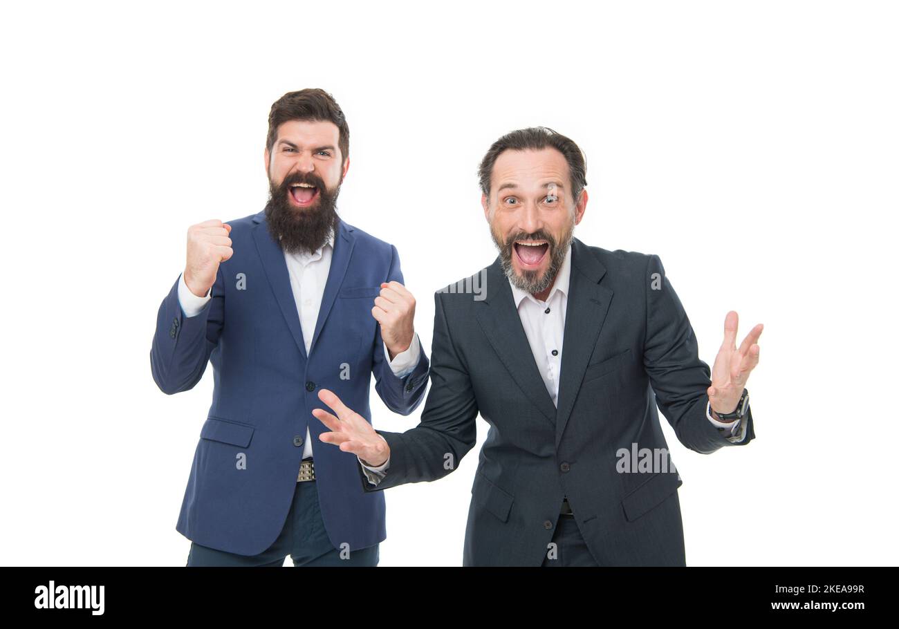 Good mood and easygoing. Bearded businessmen in formal clothes. Business meeting. Collaboration and teamwork. Education for business. Successful Stock Photo