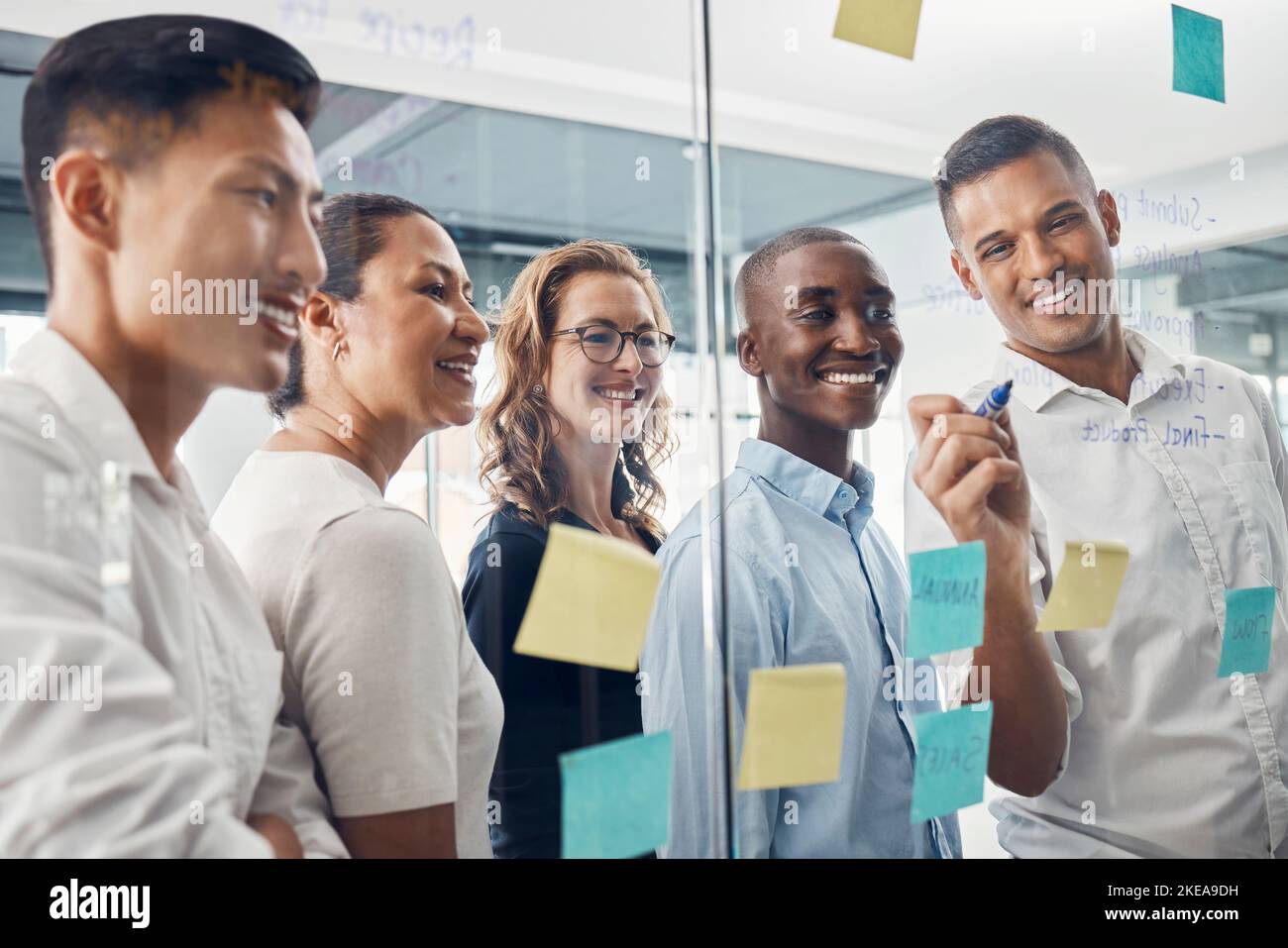 Business people, planning and team brainstorming with sticky notes for