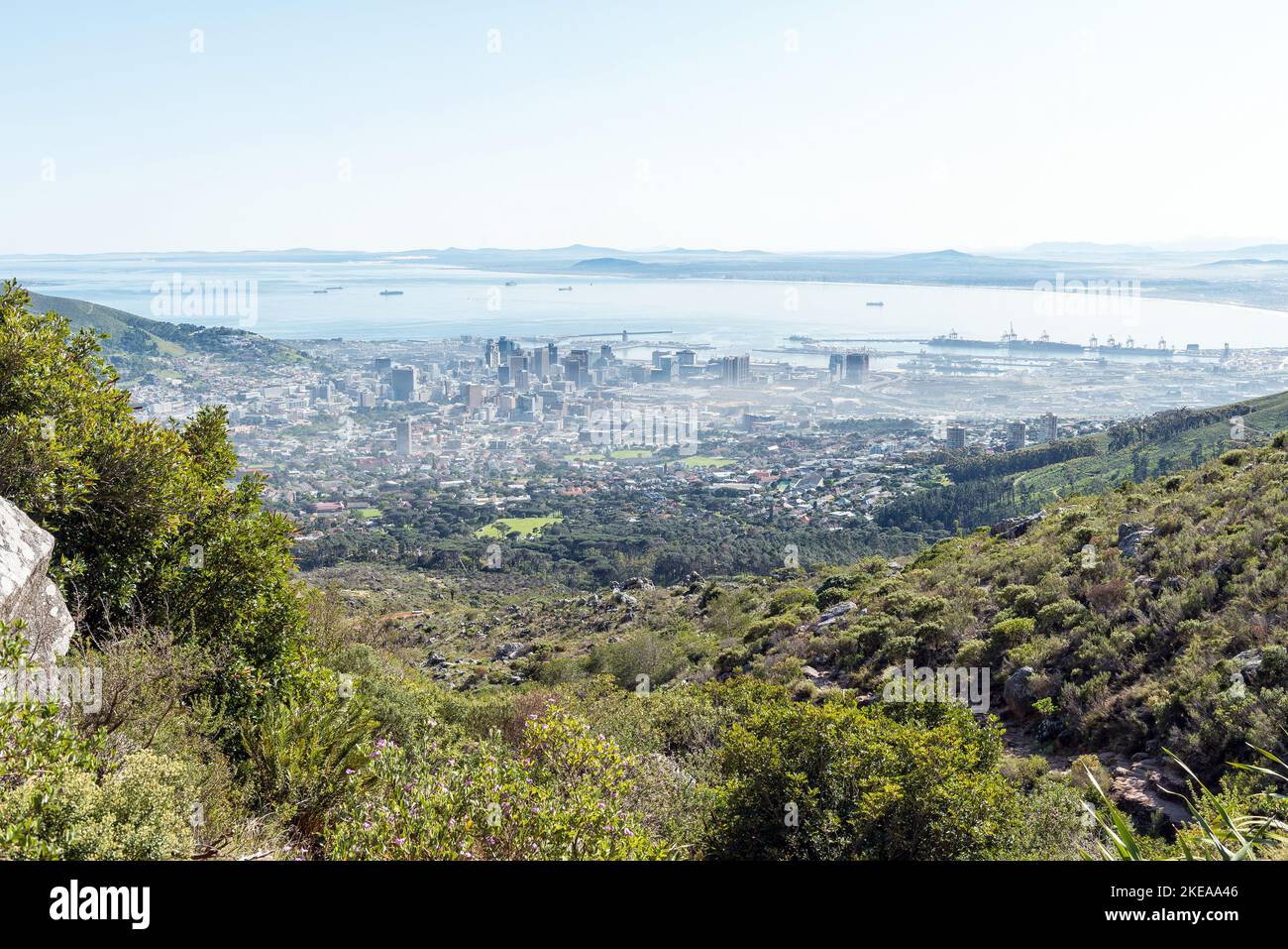 A foggy Cape Town City Centre as seen from the Platteklip Gorge hiking trail to the top of Table Mountain Stock Photo