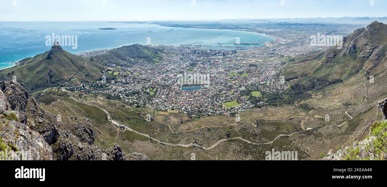 Panorama of the Cape Town City Bowl as seen from Table Mountain. Lions Head, Devils Peak, the lower cable station and Robben Island are visible Stock Photo