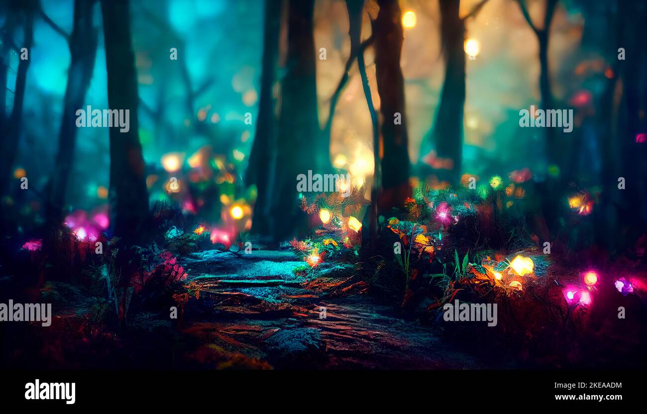 magical lights in the forest. Fairy-tale atmosphere, Stock Photo