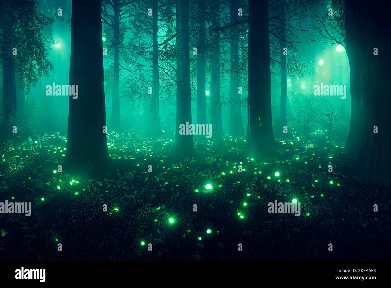 magical lights in the forest. Fairy-tale atmosphere, Stock Photo