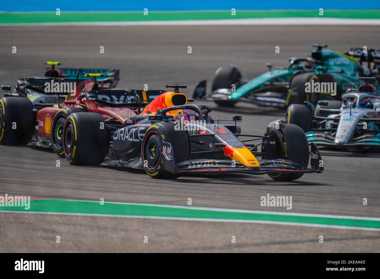 The race cars on the track during Formula 1 racing competition in