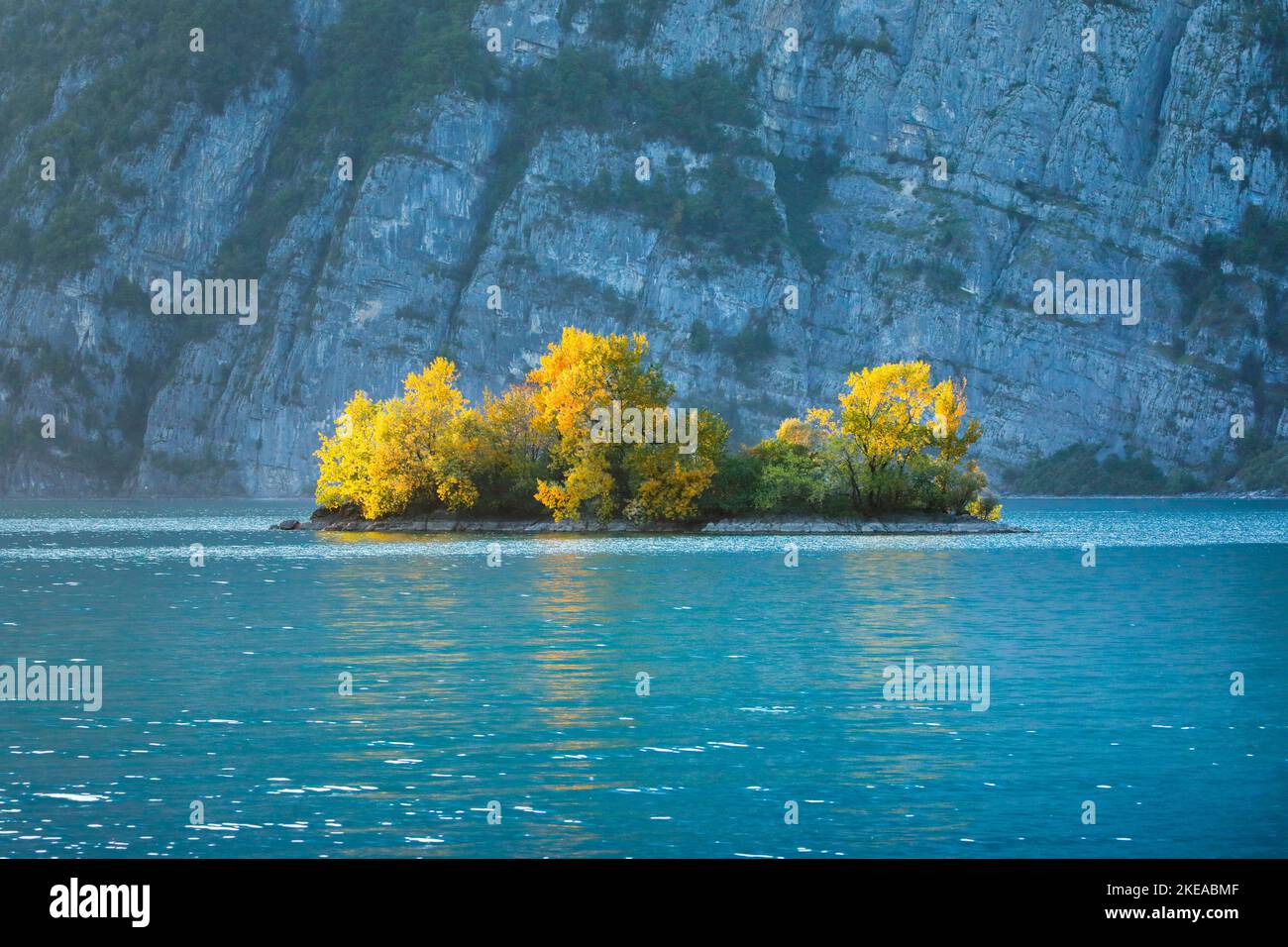 Kleine Schnittlauchinsel im  türkisfarbenen Wasser des Walensees, Kanton St. Gallen, Schweiz Stock Photo