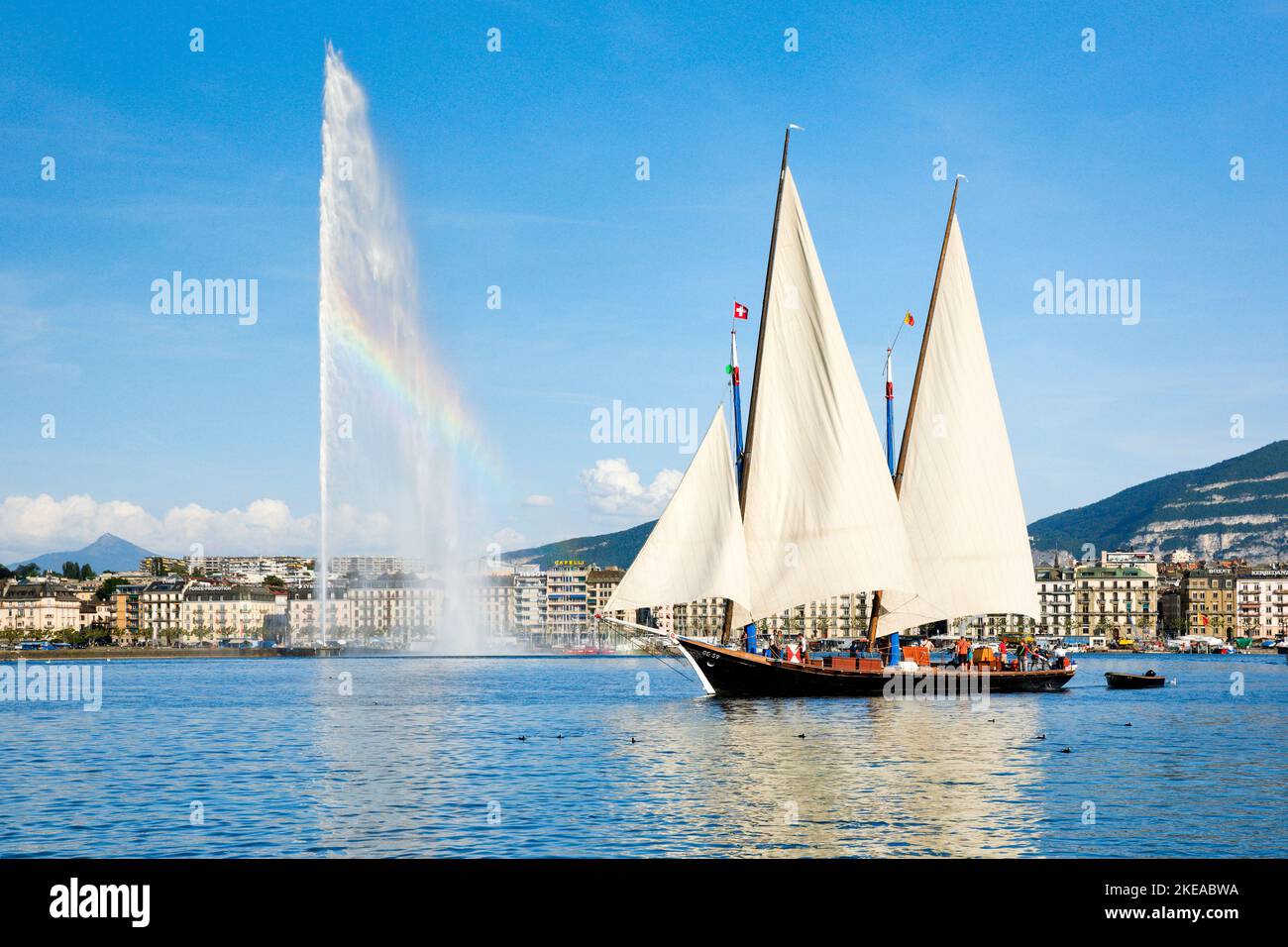 Der Jet d'eau, das Wahrzeichen im Genfer Seebecken, Kanton Genf, Schweiz Stock Photo