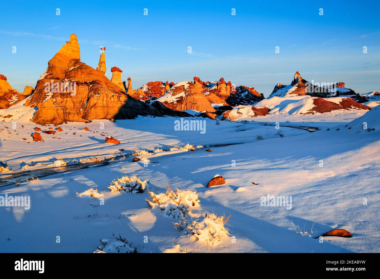 Bisti Badlands, Monolit und Gesteinsäule aus Lehm und Sandstein geformt, im Winter, Bisti Wilderness, New Mexico, USA, Nord Amerika Stock Photo