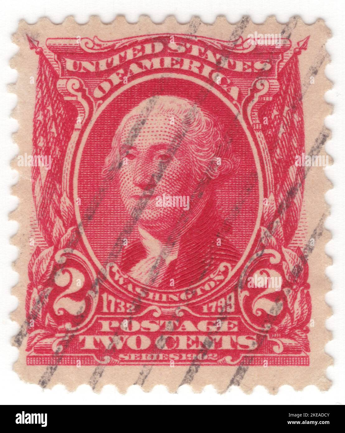 USA - 1903: An 2 cents carmine postage stamp depicting portrait of George Washington. American military officer, statesman, and Founding Father who served as the first president of the United States from 1789 to 1797. Appointed by the Continental Congress as commander of the Continental Army, Washington led the Patriot forces to victory in the American Revolutionary War and served as the president of the Constitutional Convention of 1787, which created the Constitution of the United States and the American federal government. Washington has been called the 'Father of his Country' Stock Photo