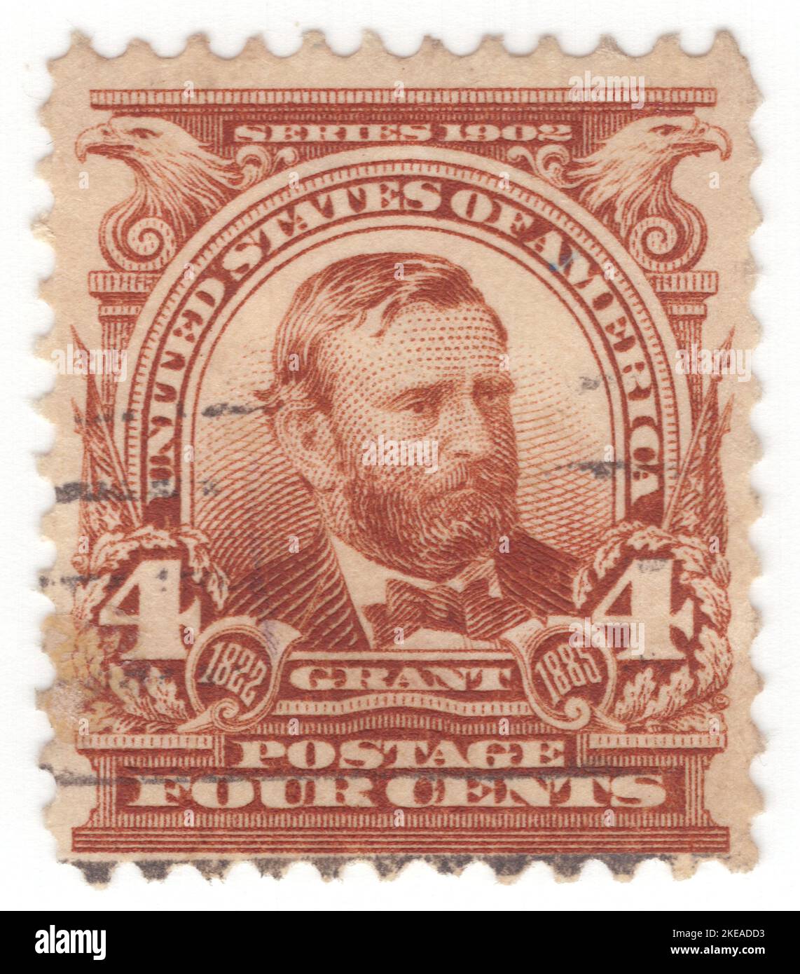 USA - 1903: An 4 cents brown postage stamp depicting portrait of Ulysses S. Grant (born Hiram Ulysses Grant), American military officer and politician who served as the 18th president of the United States from 1869 to 1877. As Commanding General, he led the Union Army to victory in the American Civil War in 1865 and thereafter briefly served as Secretary of War. Later, as president, Grant was an effective civil rights executive who signed the bill that created the Justice Department and worked with Radical Republicans to protect African Americans during Reconstruction Stock Photo