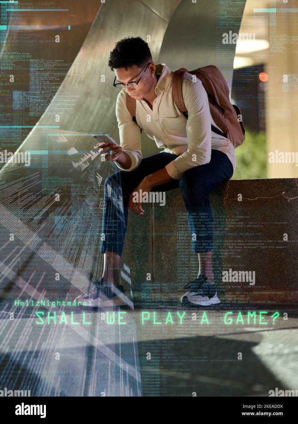 Overlay, phone and cybersecurity hacker in a city coding, networking or searching content on social media at night. Future, hologram and gen z black Stock Photo