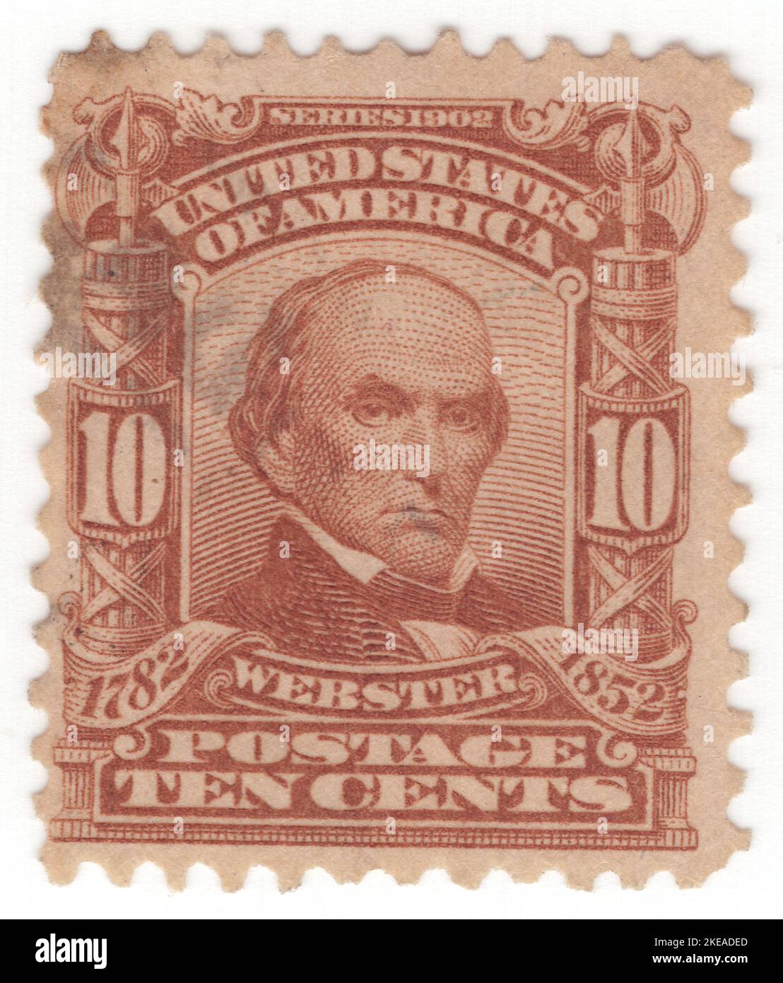 USA - 1903: An 10 cents pale red-brown postage stamp depicting portrait of Daniel Webster, American lawyer and statesman who represented New Hampshire and Massachusetts in the U.S. Congress and served as the U.S. Secretary of State under Presidents William Henry Harrison, John Tyler, and Millard Fillmore. Webster was one of the most prominent American lawyers of the 19th century, and argued over 200 cases before the U.S. Supreme Court between 1814 and his death in 1852. During his life, he was a member of the Federalist Party, the National Republican Party, and the Whig Party Stock Photo