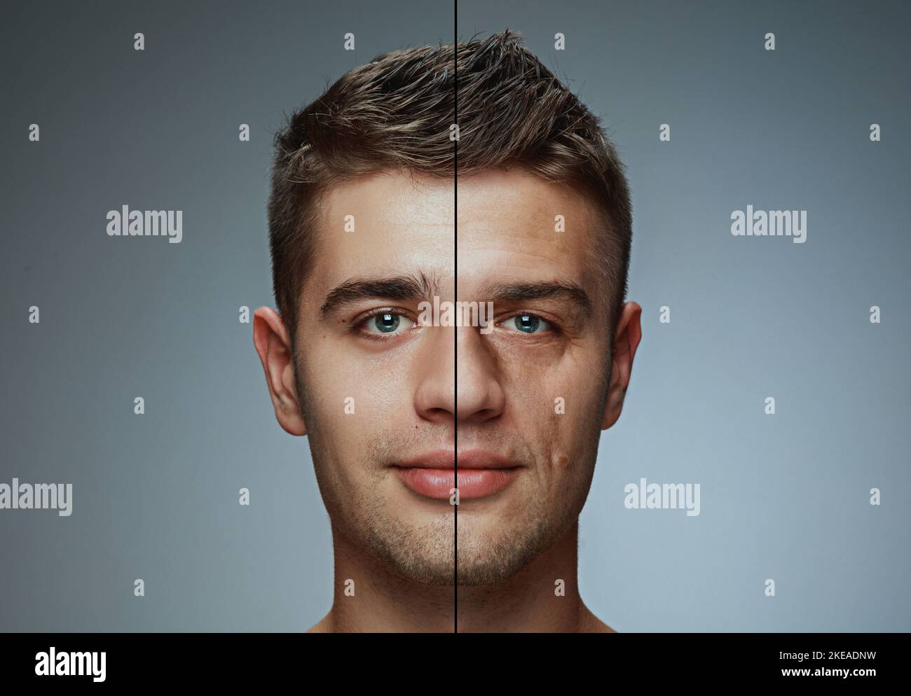 Portrait of a young man in two age stages. Youth and maturity. Face skin aging process, wrinkles. Plastic surgery, beauty procedures. Before and after Stock Photo
