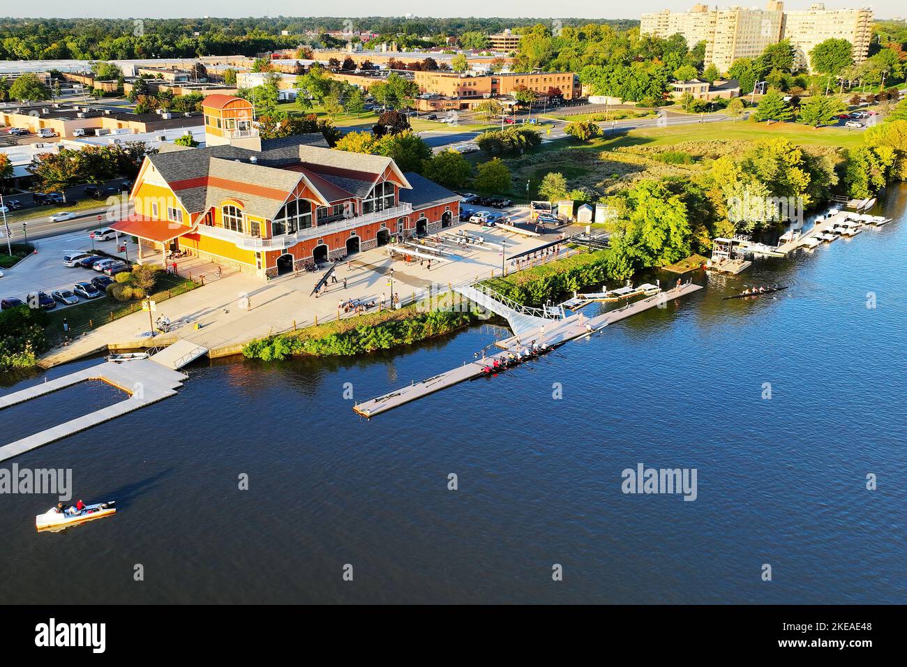 Aerial View of a Boathouse on a River Stock Photo