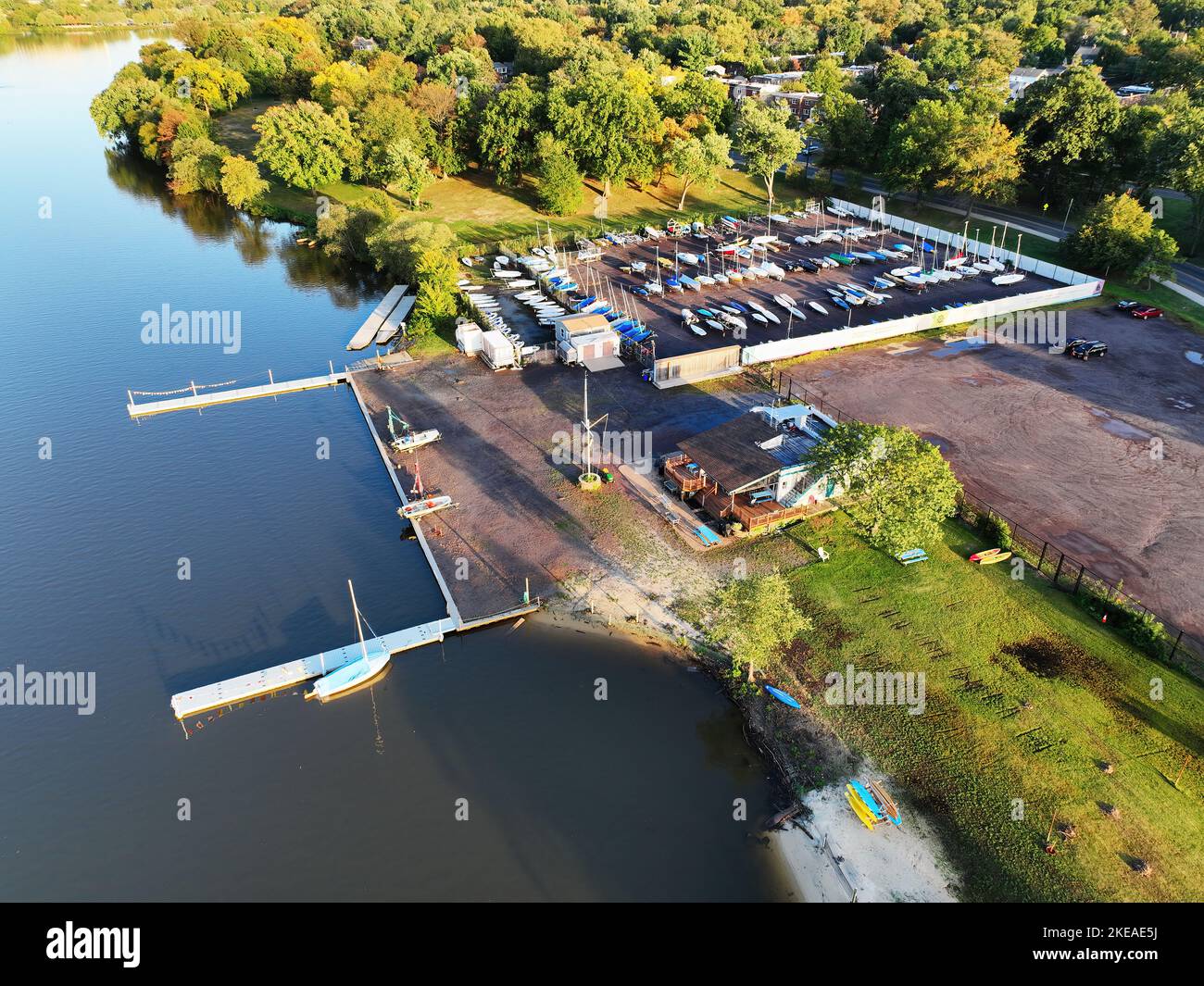 Aerial View of a Yacht Club on a River Stock Photo