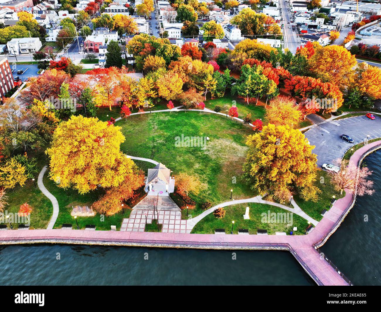 Aerial View of a Delaware Riverfront Park in Fall Colors Stock Photo