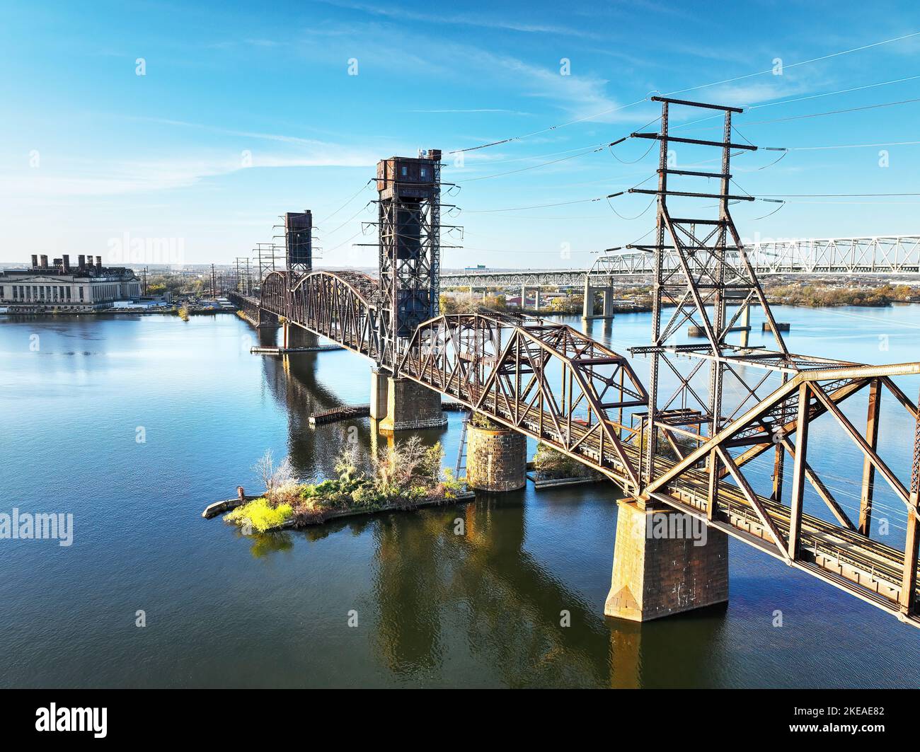 Aerial View of an Old Railroad Bridge Spanning the Delaware River Stock Photo