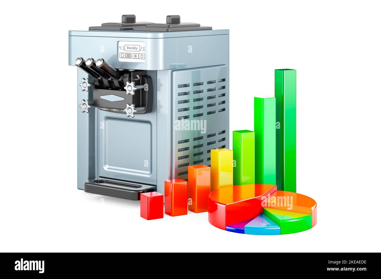 Commercial ice cream machine with growth bar graph and pie chart, 3D