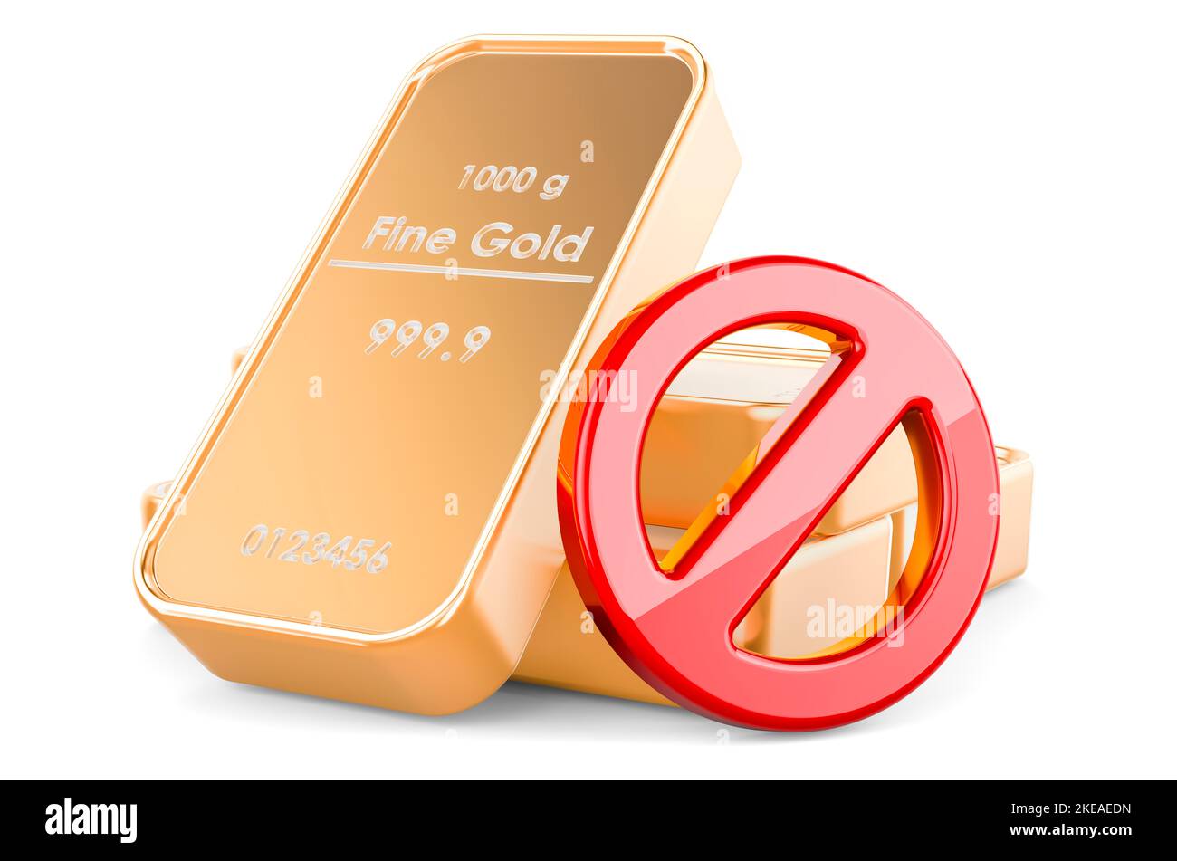 Gold bars with prohibition sign, 3D rendering isolated on white