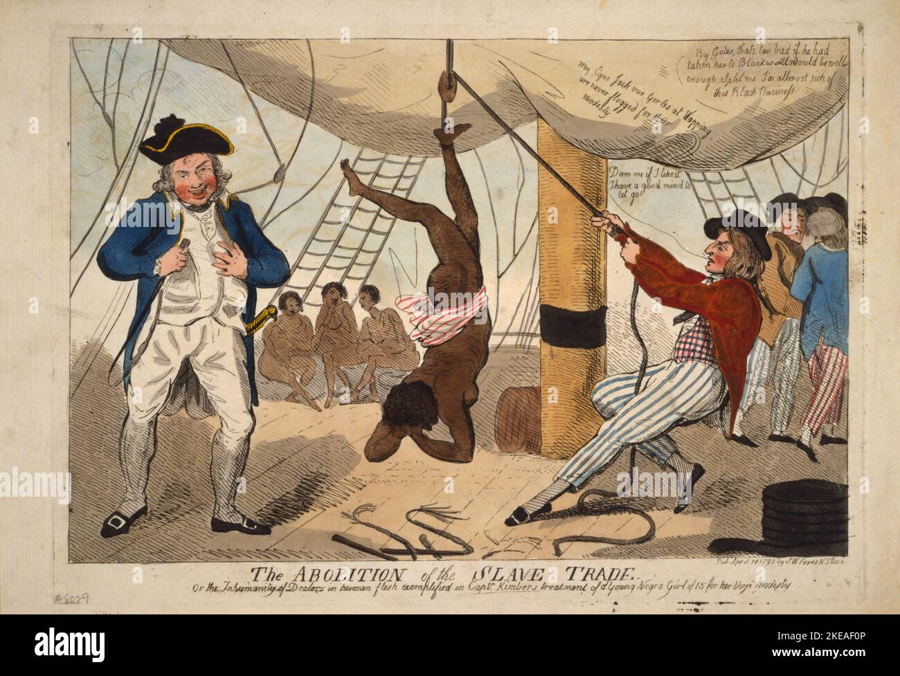 Vintage illustration by Isaac Cruikshank dated April 10 1792 entitled The abolition of the slave trade Or the inhumanity of dealers in human flesh exemplified in Captain Kimber's treatment of a young Negro girl of 15 for her virjen (virgin) modesty. It shows John Kimber captain of the slave ship Recovery from Bristol torturing and killing a young girl. He was tried for murder in 1792 and though aquitted it brought about the British parliament prohibiting slavery in its colonies by the Slave Trade Act 1807 Stock Photo