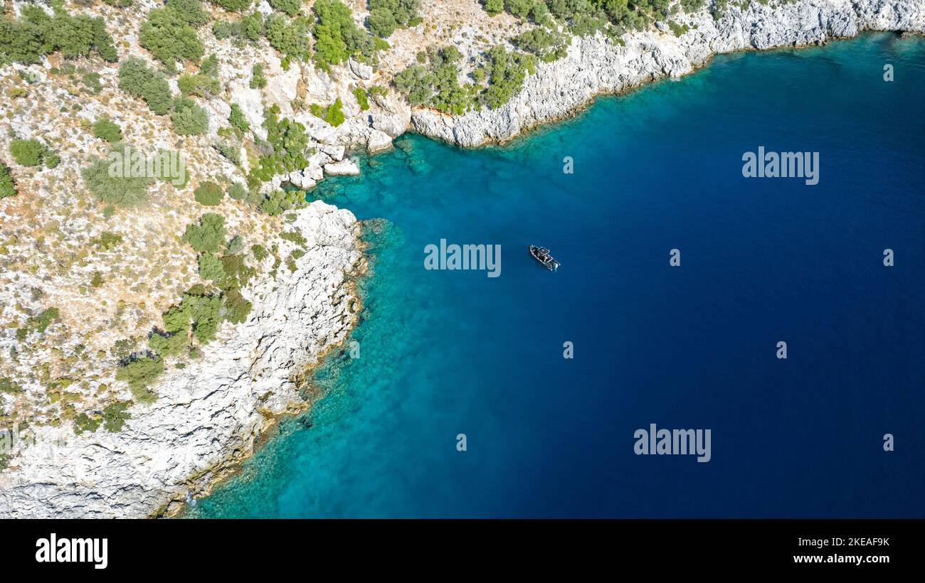 Aerial view Tersane Island coast, Göcek Fethiye Turkey Stock Photo