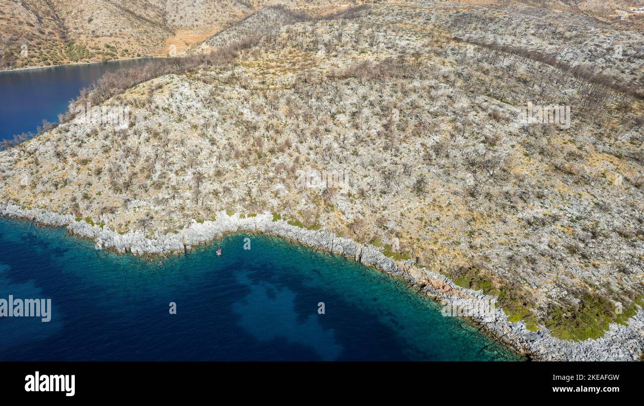 Aerial view of wild fire areas near Çökertme Gökova Bay Turkey Stock Photo