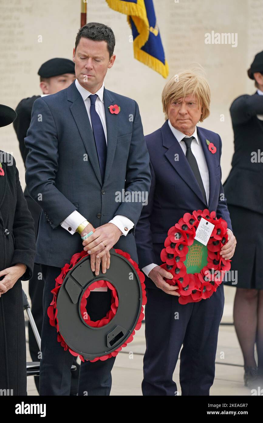 Conservative MP's Alex Chalk and Michael Fabricant (right) during an Armistice Day service, marking the anniversary of the end of the First World War, at the Armed Forces Memorial in the National Memorial Arboretum, Alrewas, Staffordshire. Picture date: Friday November 11, 2022. Stock Photo