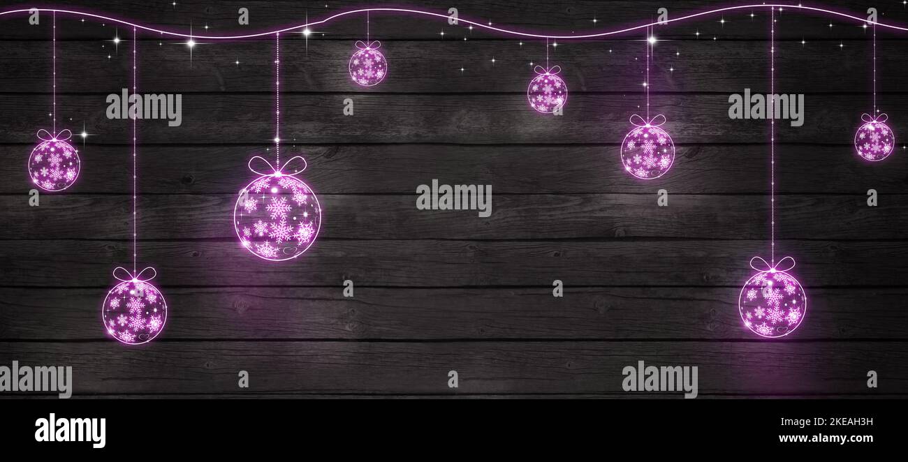 holiday purple lights illumination decor. christmas and new year wood texture banner Stock Photo