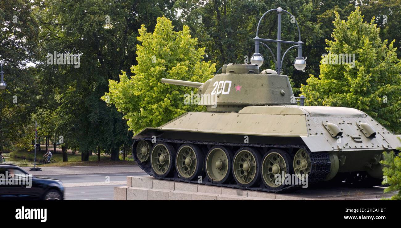 Tank at the Soviet Memorial in Tiergarten, Germany, Berlin Stock Photo