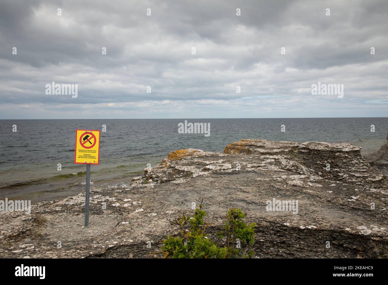 Byrums Raukar at the western coast, sign: hammering of fossils is forbidden, Sweden, Oeland, Boeda Stock Photo