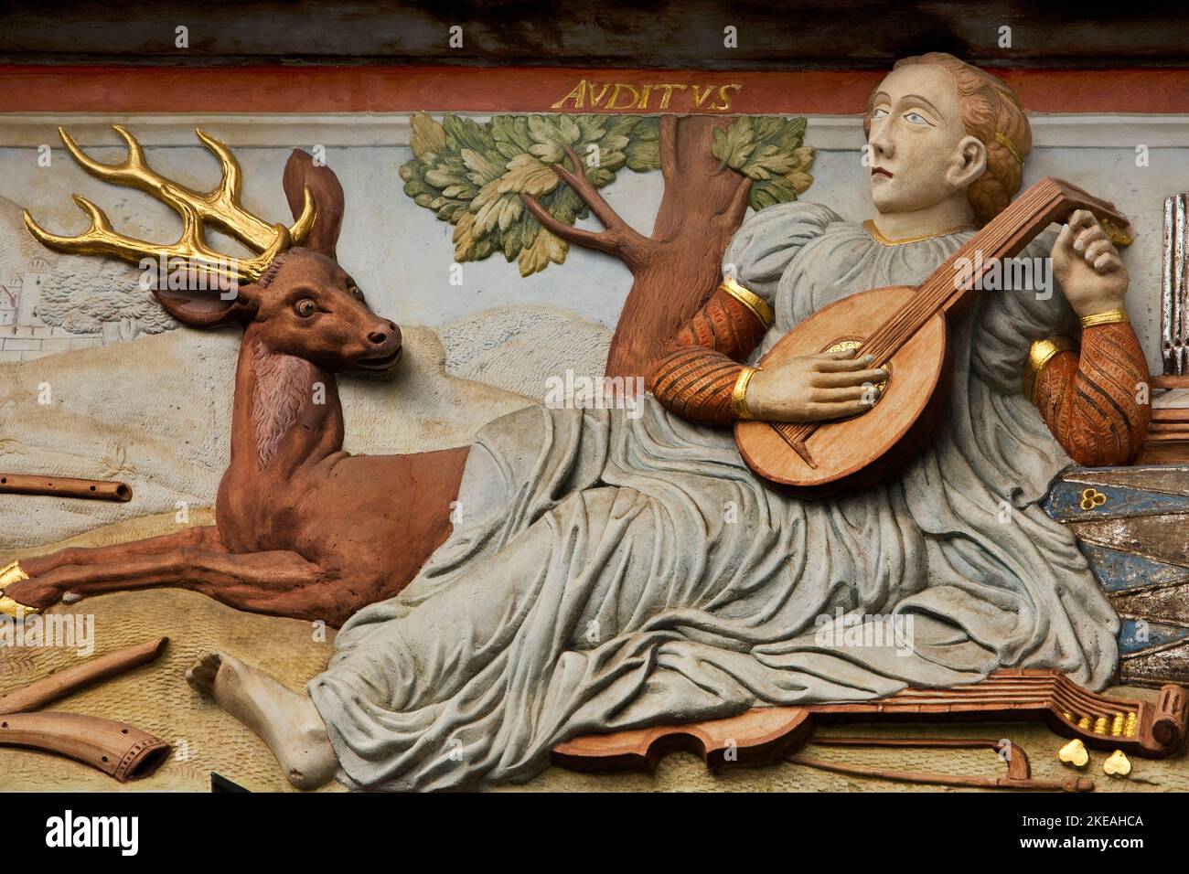 Relief Auditus, sense of hearing, splendid facade decoration on the Haus zum Breiten Herd, Germany, Thueringen, Erfurt Stock Photo