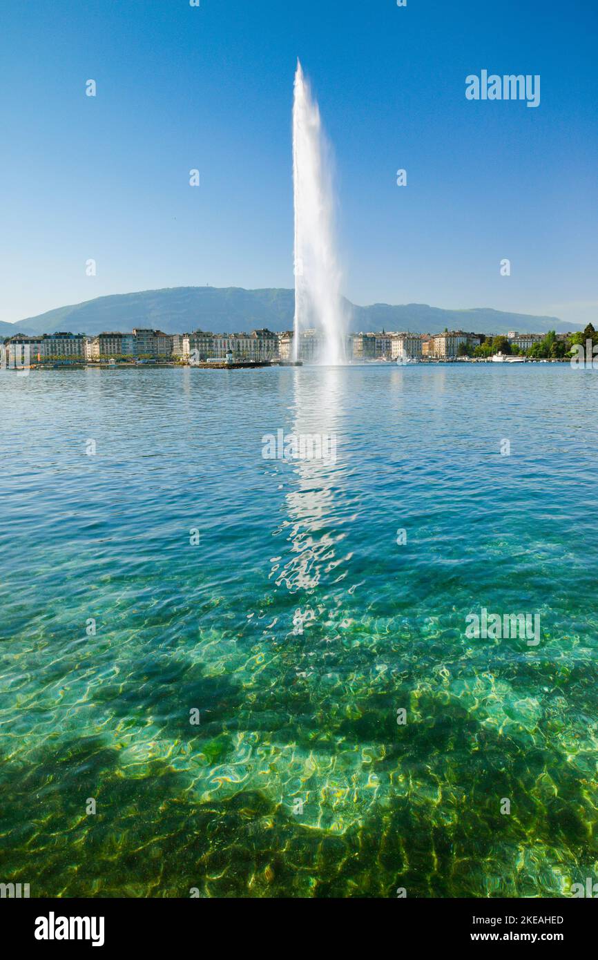Jet d'eau, landmark of the Lake Geneva, Switzerland, Kanton Genf, Geneva Stock Photo