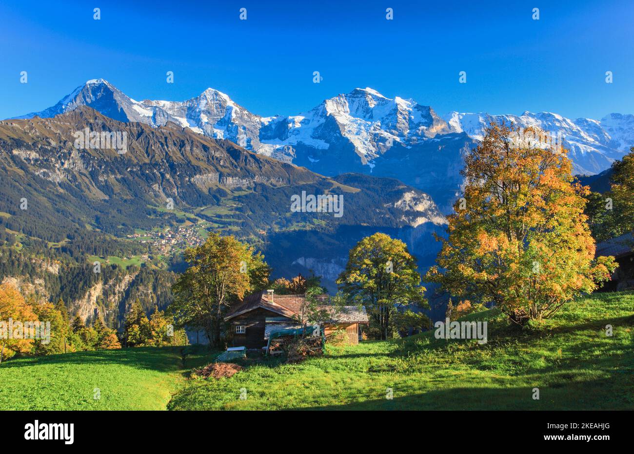 view from Sulwald, Eiger - 3970 m, Moench - 4107 m, Jungfrau - 4158 m, Switzerland, Bernese Oberland Stock Photo