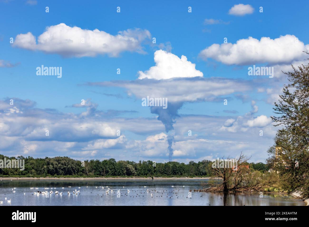 nuclear power plant Isar II, conspicuous vapor cloud from the cooling tower, Germany, Bavaria, Speichersee Eching, Essenbach Stock Photo