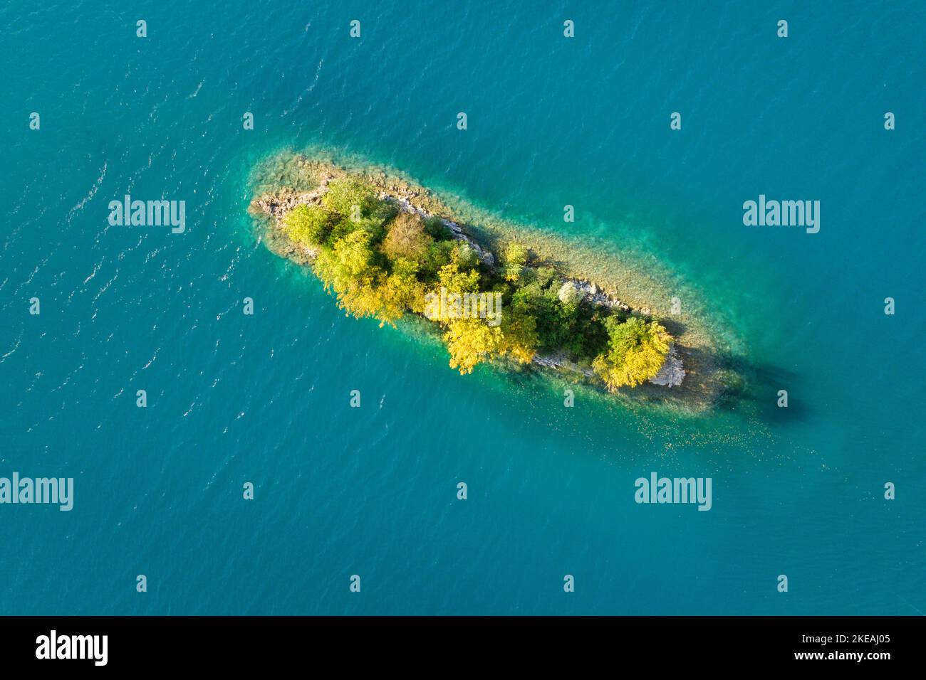 Island in Lake Walen, aerial view, Switzerland, St. Gallen Stock Photo