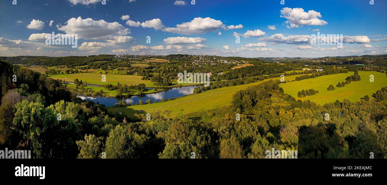 View from Blankenstein Castle of the Ruhr Valley and Bochum-Stiepel with the Stiepel Village Church, Germany, North Rhine-Westphalia, Ruhr Area, Stock Photo