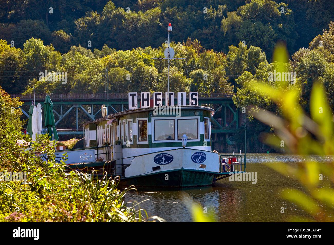 restaurant ship Thetis on the reservoir on the Ruhr Valley Cycle Path, Kettwig, Germany, North Rhine-Westphalia, Ruhr Area, Essen Stock Photo