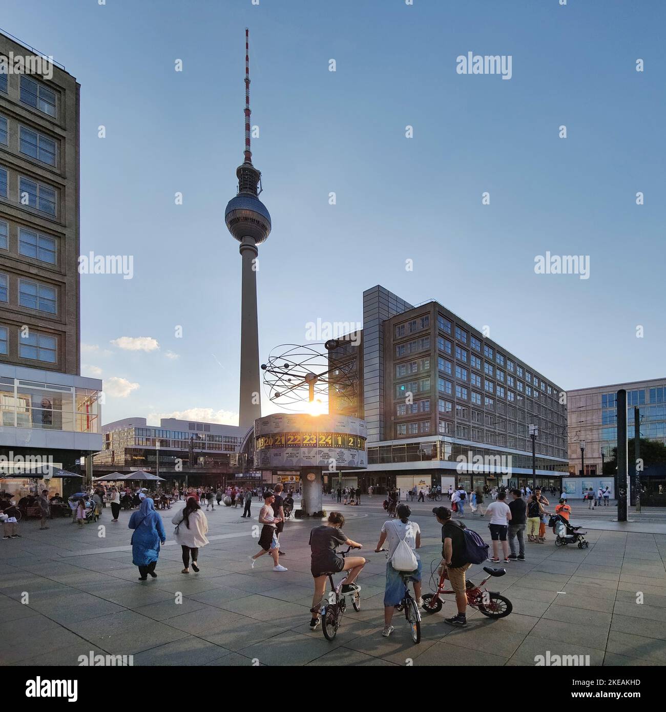 Urania World Clock and Berlin TV Tower, Alexanderplatz, Berlin-Mitte, Germany, Berlin Stock Photo