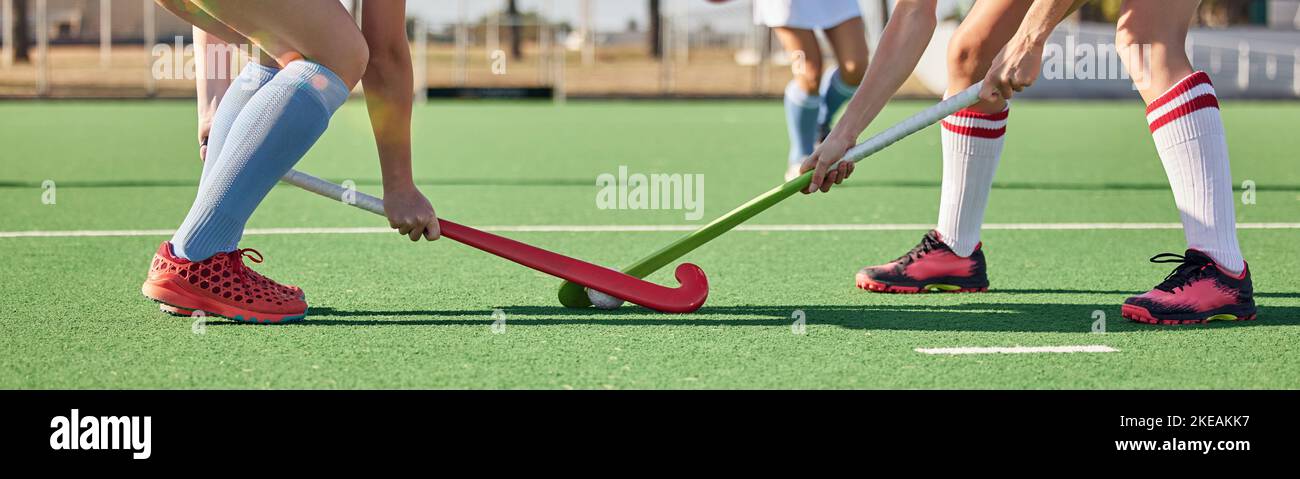 Fitness, sports and hockey with women on field and training for competition, challenge and workout. Battle, games and exercise with shoes of hockey Stock Photo