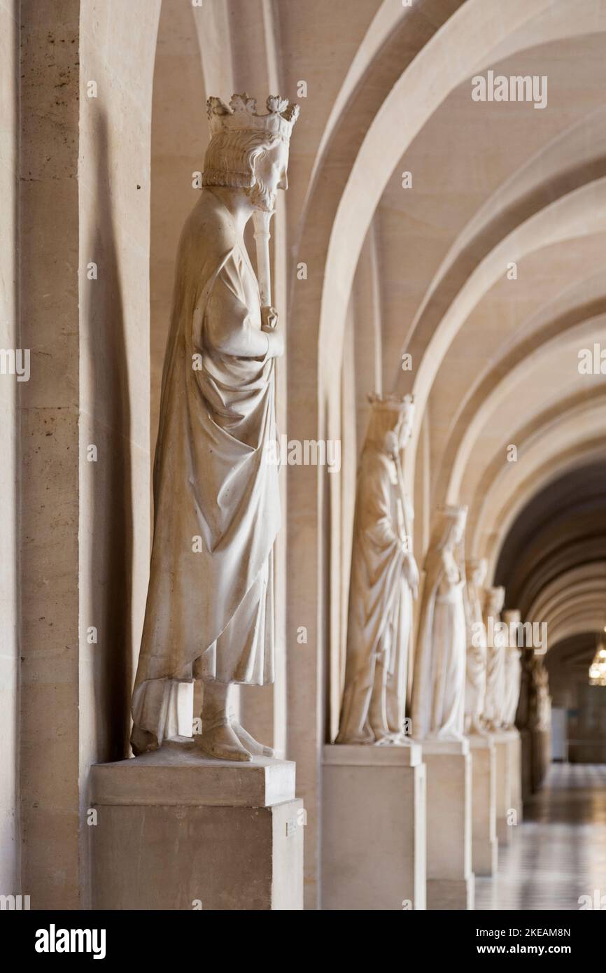 Versailles, France - August 20 2017: Statue of Pepin the Short alongside other French monarchs in the stone gallery lower south of the Palace of Versa Stock Photo