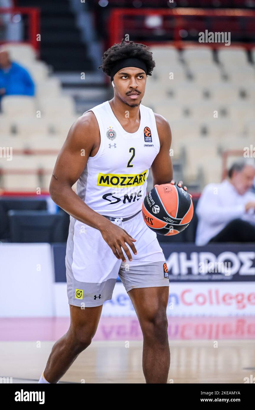 Athens, Greece. November 10, 2022, #2 ZACH LEDAY of Partizan during the  Euroleague, Round 7, match between Olympiacos Piraeus and Partizan at Peace  And Friendship Stadium on November 10, 2022 in Athens,