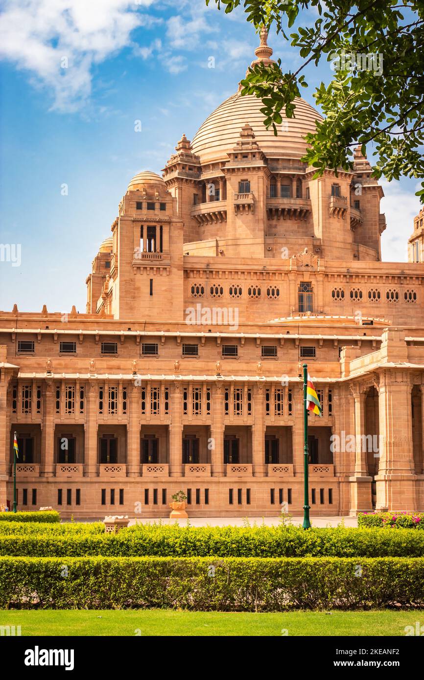 heritage king place with dramatic bright blue sky from flat angle image is taken at umaid bhawan palace jodhpur rajasthan india on Sep 06 2022. Stock Photo