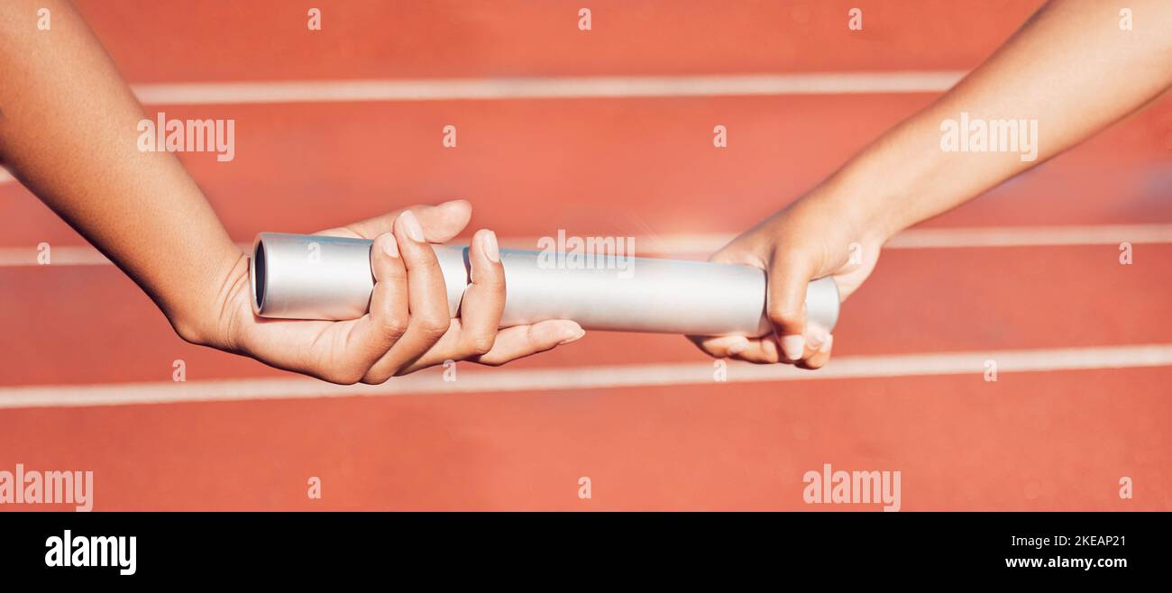 Hands, baton and relay race with a sports woman team passing equipment