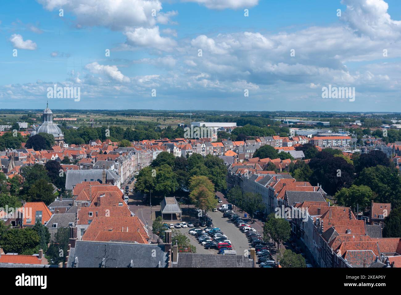 View from the Lange Jan church tower onto the Damplein square with the Oostkerk church, Middelburg, Zeeland, Netherlands, Europe Stock Photo