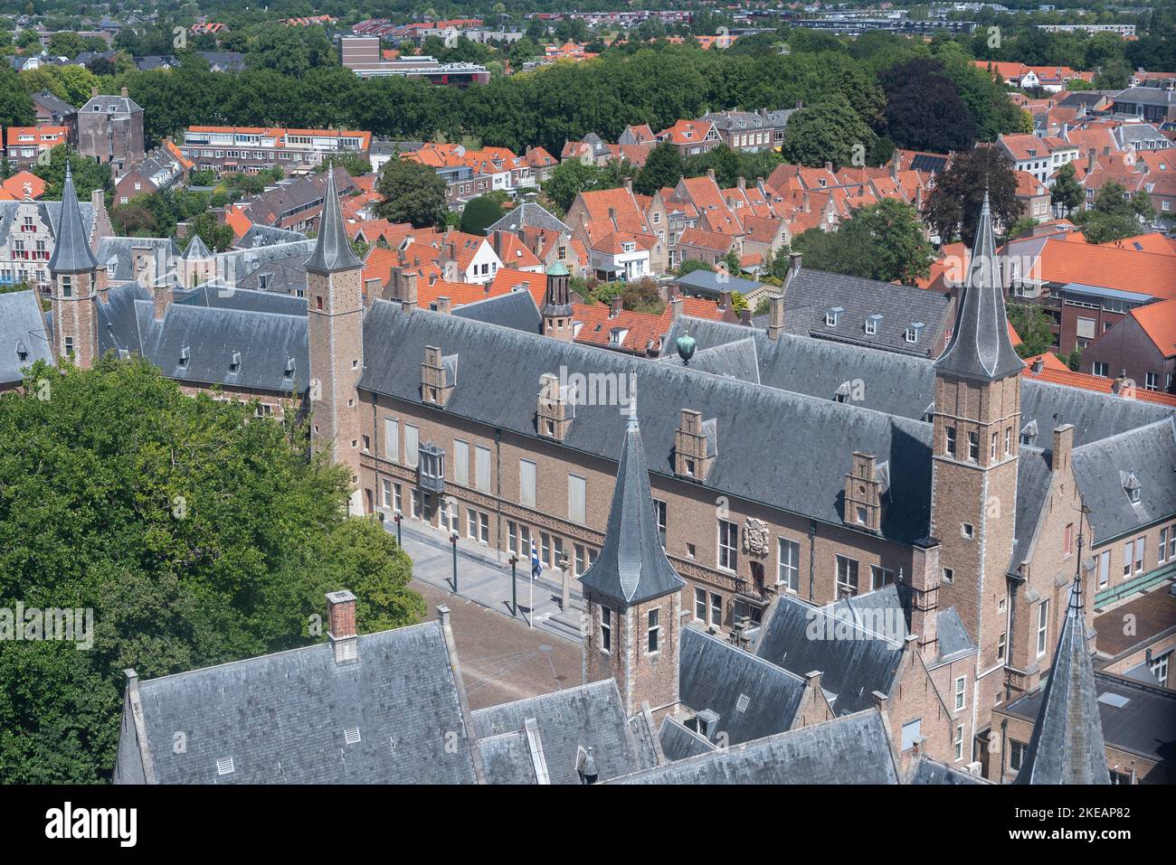 View of the ensemble of the historic abbey from the Lange Jan church tower, Middelburg, Zeeland, Netherlands, Europe Stock Photo