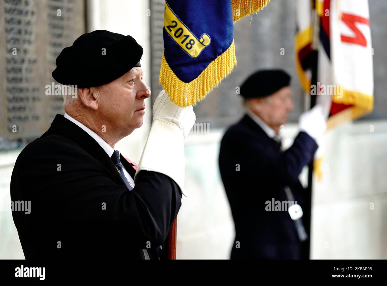 Standard bearers during an Armistice Day service to mark the