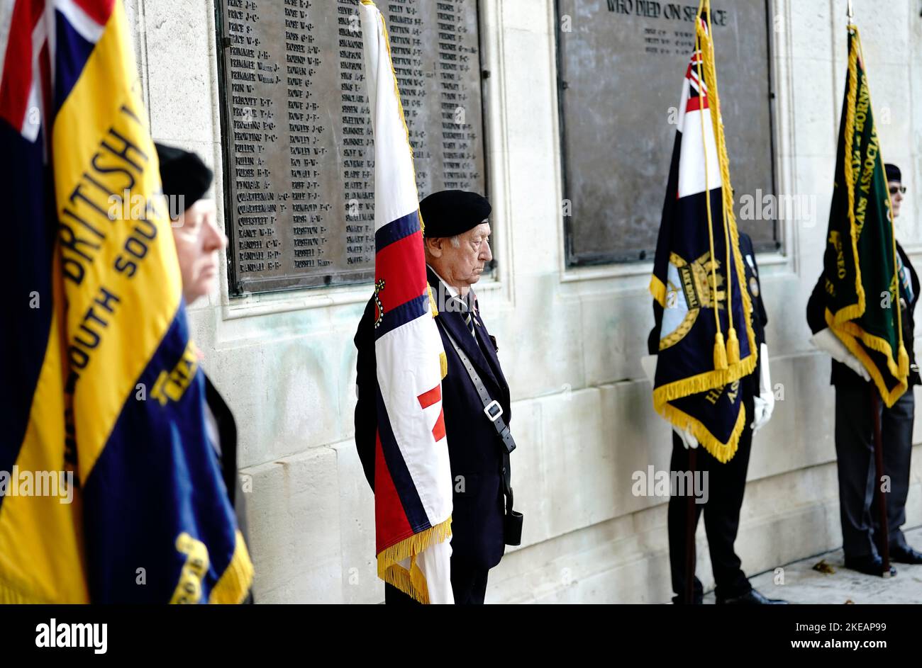 Standard bearers during an Armistice Day service to mark the